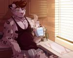  2018 5_fingers anthro beverage black_nipples blinds boxer_briefs brown_hair bulge cabinet chest_tuft clothing coffee coffee_maker coffee_mug cup digital_media_(artwork) feline fur green_eyes grey_fur hair holding_cup inside kitchen leaning leaning_back leopard leopard_spots male mammal muscular muscular_male myiko nipples one_eye_closed outlet pecs pink_nose shirt short_hair snow_leopard solo spots tank_top tile tuft underwear window 