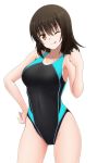  black_hair black_swimsuit brown_eyes collarbone competition_swimsuit contrapposto cowboy_shot fuuma_nagi hand_on_hip highleg highleg_swimsuit looking_at_viewer medium_hair one-piece_swimsuit one_eye_closed original simple_background solo swimsuit tongue tongue_out white_background 
