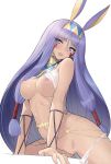  absurdres animal_ears bangs bare_shoulders bottomless breasts covered_nipples dark_skin earrings egyptian egyptian_clothes eyebrows_visible_through_hair facial_mark fate/grand_order fate_(series) headband highres jackal_ears jewelry long_hair looking_at_viewer medium_breasts navel nipples nitocris_(fate/grand_order) open_mouth purple_eyes purple_hair pussy_juice scan simple_background sleeveless smile solo sweat tanaka_takayuki white_background 