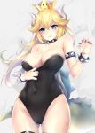  :q absurdres areola_slip areolae armlet ass_visible_through_thighs bangs bare_shoulders black_choker black_collar black_leotard black_nails blonde_hair blue_earrings blue_eyes blush bowsette bracelet breasts choker claw_pose cleavage cleavage_reach closed_mouth collar collarbone covered_navel covered_nipples cowboy_shot crown dress earrings emerald fingernails groin hair_between_eyes hand_up highleg highleg_leotard highres hips horns huge_filesize jewelry large_breasts leotard leotard_pull lizard_tail long_hair looking_at_viewer mario_(series) nail_polish new_super_mario_bros._u_deluxe paid_reward patreon_reward pointy_ears rei_kun sharp_fingernails shiny shiny_skin sidelocks slit_pupils solo spiked_armlet spiked_bracelet spiked_choker spiked_collar spiked_shell spiked_tail spiked_thighlet spikes standing standing_on_one_leg strapless strapless_dress strapless_leotard super_crown tail thighlet tongue tongue_out turtle_shell 