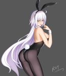  absurdres animal_ears ass bangs bare_shoulders black_hairband black_leotard breasts brown_eyes brown_legwear bunny_ears bunny_girl bunny_tail bunnysuit commentary_request eyebrows_visible_through_hair fake_animal_ears fate/grand_order fate_(series) grey_background hair_between_eyes hairband hand_up highres index_finger_raised jeanne_d'arc_(alter)_(fate) jeanne_d'arc_(fate)_(all) large_breasts leotard long_hair looking_at_viewer looking_back pantyhose roi_(liu_tian) saliva saliva_trail signature silver_hair simple_background smile solo standing strapless strapless_leotard tail tongue tongue_out very_long_hair wrist_cuffs 