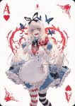  ace_of_hearts alice_(wonderland) alice_in_wonderland apron bandaged_arm bandages bandaid bangs blonde_hair blood blue_eyes blush bow breasts bug butterfly card commentary dress facial_mark frilled_dress frills hair_between_eyes hair_ribbon hand_on_own_face head_tilt heart heart-shaped_pupils heart_(organ) heart_print highres holding insect long_hair looking_at_viewer medium_breasts mismatched_legwear open_mouth original pantyhose playing_card puffy_short_sleeves puffy_sleeves ribbon short_sleeves simple_background solo standing striped striped_legwear stuffed_animal stuffed_bunny stuffed_toy symbol-shaped_pupils teeth underbust wanke 