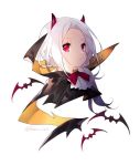  animal bangs bat black_cape bow cape closed_mouth copyright_request demon_horns forehead glowing glowing_eyes horns looking_at_viewer multicolored multicolored_cape multicolored_clothes orange_cape parted_bangs portrait red_bow red_eyes saru simple_background solo white_background white_hair 