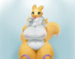  2018 anthro big_breasts black_sclera blue_eyes bluedrg19 bottomless breasts candy canine chest_tuft cleavage clothed clothing deep_navel digimon digimon_(species) digital_media_(artwork) eyelashes featureless_crotch female food front_view hi_res huge_breasts lollipop looking_at_viewer mammal navel partially_clothed renamon shirt slightly_chubby solo thick_thighs tongue tongue_out tuft voluptuous wide_hips 