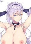  absurdres armpits arms_behind_head azur_lane band-width bangs belfast_(azur_lane) blue_eyes blush braid breasts chain cleavage collar collarbone eyebrows_visible_through_hair french_braid frilled_gloves frills gauntlets gloves highres large_breasts long_hair looking_at_viewer maid maid_headdress nipples silver_hair smile solo topless white_gloves 