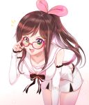  :d a.i._channel bent_over brown_hair commentary_request detached_sleeves glasses gradient gradient_background green_eyes hairband highres kizuna_ai long_hair looking_at_viewer open_mouth oso_5425 pink-framed_eyewear pink_background pink_hairband ponytail sailor_collar smile solo teeth virtual_youtuber white_background white_sailor_collar 