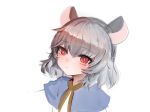  animal_ears bangs blue_capelet blush capelet commentary_request dokomon eyebrows_visible_through_hair grey_hair hair_between_eyes highres mouse_ears nazrin red_eyes short_hair simple_background solo touhou upper_body white_background 