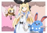 :d ;) absurdres alice alice_(wonderland) alice_(wonderland)_(cosplay) alice_in_wonderland apron azumarill bad_hand bangs black_bow blonde_hair blunt_bangs blush bow cosplay cup dotted_background food gen_2_pokemon gen_7_pokemon green_eyes hair_bow hand_out highres long_hair macaron minatototon1020 mononobe_alice nijisanji one_eye_closed open_mouth plate pokemon pokemon_(creature) purple_background ribombee smile solo standing teacup teapot virtual_youtuber 