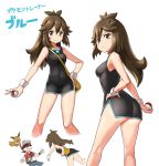  1girl ass bag bare_legs bare_shoulders baseball_cap black_dress blue_(pokemon) breasts brown_hair collarbone commentary covered_navel cropped_legs dress eevee hair_between_eyes hand_on_hip hat kakeru_(pokemon) kneepits long_hair looking_at_viewer looking_back medium_breasts messenger_bag o_o poke_ball pokemon pokemon_(game) pokemon_lgpe pout shiny shiny_hair shocked_eyes short_dress shoulder_bag simple_background sleeveless sleeveless_dress smile solo_focus surprised throwing translated v white_background white_wristband wristband zaxwu 