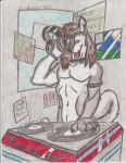  anthro blue_eyes canine collar dj dog hair headphones hologram husky long_hair looking_at_viewer male mammal mystery(theandroidwusky) nude record smile solo theandroidwusky 