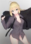  ahoge arm_up artoria_pendragon_(all) bangs black_jacket black_neckwear black_shirt blonde_hair blush breasts buttons cleavage collarbone collared_shirt cowboy_shot eyebrows_visible_through_hair fate/grand_order fate_(series) gradient gradient_background green_eyes hand_up highres jacket light_particles long_sleeves looking_at_viewer medium_breasts necktie no_pants parted_lips ponytail reuri_(tjux4555) saber shirt sidelocks simple_background solo v-shaped_eyebrows wing_collar 