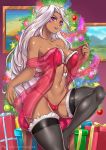  1girl aa_megami-sama bare_shoulders black_legwear blush box bra breasts christmas christmas_ornaments christmas_tree collarbone dark_skin facial_mark fishnet_legwear fishnets forehead_mark fur_trim garter_straps gift gift_box giovanni_zaccaria goddess highleg highleg_panties large_breasts leg_up lingerie long_hair looking_at_viewer navel open_mouth panties purple_eyes red_bra red_panties see-through smile solo standing standing_on_one_leg thighhighs thong underwear underwear_only urd white_hair 