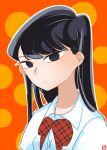  absurdres black_eyes black_hair bow bowtie closed_mouth collared_shirt degraded_ice expressionless highres komi-san_wa_komyushou_desu komi_shouko long_hair looking_at_viewer orange_background outline plaid plaid_bow plaid_neckwear red_bow red_neckwear school_uniform shirt simple_background solo two-tone_background upper_body wing_collar 