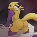  ben300 butt clothed clothing digimon female looking_at_viewer looking_back partially_clothed party presenting presenting_hindquarters pussy renamon solo table 