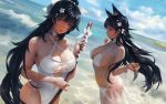  alternate_costume animal_ears ass atago_(azur_lane) azur_lane bangs bare_shoulders beach bikini black_hair blue_sky blurry blurry_background blush bow breasts brown_eyes choker cloud commentary cowboy_shot criss-cross_halter day english_commentary expressionless extra_ears eyebrows_visible_through_hair frown g-tz hair_bow hair_flaps hair_ribbon halter_top halterneck hands_up highres holding holding_sword holding_weapon large_breasts long_hair long_sleeves looking_at_viewer mole mole_under_eye multiple_girls ocean off_shoulder one-piece_swimsuit outdoors ponytail ribbon sand sarong see-through sideboob sidelocks skindentation sky swept_bangs swimsuit sword takao_(azur_lane) thighs very_long_hair waves weapon wet white_bikini white_bow white_ribbon white_swimsuit wooden_sword wrist_ribbon 