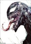  black_border border commentary_request from_side kei-suwabe long_tongue portrait profile sharp_teeth simple_background solo spider-man_(series) teeth tongue tongue_out twitter_username venom_(marvel) white_background 