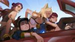  ahri akali animal_ears baseball_cap blonde_hair car commentary double_bun driving evelynn fox_ears ground_vehicle hat idol k/da_(league_of_legends) k/da_ahri k/da_akali k/da_evelynn k/da_kai'sa kai'sa league_of_legends long_hair motor_vehicle multiple_girls ponytail purple_hair suqling whisker_markings yellow_eyes 