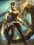  black_hair blade boots breasts claws cleavage gloves goggles goggles_on_head hair_bun jon_neimeister lipstick makeup official_art serqet smite solo steampunk tail yellow_eyes 