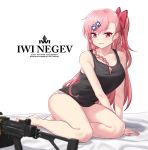  bangs bare_legs blurry blurry_foreground blush bow bra bra_peek braid breasts character_name collarbone commentary depth_of_field eyebrows_visible_through_hair girls_frontline gun hair_between_eyes hair_bow hair_ornament hair_ribbon hairclip hexagram highres imi_negev israel long_hair looking_at_viewer machine_gun medium_breasts nail_polish narynn negev_(girls_frontline) one_side_up open_mouth panties pink_hair pink_nails reclining red_bow red_eyes red_ribbon ribbon simple_background sleeves_folded_up smile solo star_of_david striped striped_panties tank_top tsurime twitter_username underwear weapon white_background 