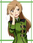  blush brown_eyes brown_hair coach_trainer_(pokemon) commentary_request highres kuro_hopper long_hair open_mouth pokemon pokemon_(game) pokemon_lgpe solo 