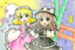  black_dress blonde_hair brown_hair cherry_blossoms commentary_request dress hat highres maribel_hearn moon mountain multiple_girls paper pink_dress salt_(seasoning) torii touhou traditional_media usami_renko watercolor_pencil_(medium) 