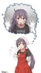  admiral_(kantai_collection) ahoge akebono_(kantai_collection) alternate_costume animal_print apron arm_behind_back black_shirt blush brown_skirt bunny_print collarbone commentary_request coughing food food_in_mouth gloves hair_between_eyes hair_ornament hairclip head_scarf highres kantai_collection long_hair long_sleeves looking_at_viewer meguru_(megurunn) pocket pocky ponytail purple_eyes purple_hair purple_scarf red_apron scarf shirt short_sleeves simple_background skirt sweatdrop thought_bubble twitter_username very_long_hair wall_slam white_background white_gloves white_shirt 