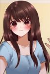  :3 absurdres atobesakunolove blue_shirt blurry blurry_foreground blush bra_strap brown_eyes brown_hair closed_mouth d.va_(overwatch) depth_of_field eyebrows_visible_through_hair grey_background highres long_hair looking_at_viewer overwatch school_uniform serafuku shirt short_sleeves simple_background smile solo upper_body 