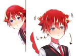  1boy animal_ears bangs blue_eyes collared_shirt commentary_request dual_persona eyebrows_visible_through_hair fox_ears fox_tail hibiki_yuuta komugi_(komugi_ckdi) looking_at_viewer male_focus necktie red_hair red_neckwear school_uniform shirt short_hair short_sleeves solo ssss.gridman tail translation_request waistcoat white_shirt wing_collar 