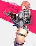  ass assault_rifle breastplate breasts character_name commentary commission dirge_of_cerberus_final_fantasy_vii english_commentary extra final_fantasy final_fantasy_vii from_behind green_eyes grey_leotard gun leotard lips looking_back medium_breasts nose pink_lips red_hair rejean_dubois rifle short_hair soldier solo thick_thighs thigh_strap thighs weapon zoom_layer 