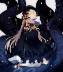  abigail_williams_(fate/grand_order) absurdres bangs black_bow black_dress black_footwear black_hat blonde_hair blue_eyes blush bow commentary_request dress fate/grand_order fate_(series) full_body hair_bow hand_on_own_head hat highres key light_particles long_hair long_sleeves looking_at_viewer mary_janes misshao_00 open_mouth orange_bow parted_bangs polka_dot polka_dot_bow shoes sitting sleeves_past_fingers sleeves_past_wrists solo tentacles very_long_hair yokozuwari 