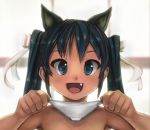  1girl :d animal_ears black_hair bow cat_ears eyebrows_visible_through_hair fang female francesca_lucchini holding holding_panties long_hair looking_at_viewer open_mouth panties panties_removed presenting_panties robert_knight smile solo strike_series strike_series_witches underwear upper_body white_bow white_panties 