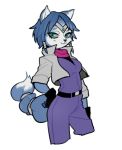  anthro belt canid canine clothed clothing female fingerless_gloves fox gloves hair krystal looking_at_viewer mammal nintendo purple_clothing simple_background smile star_fox video_games white_background 山羊 
