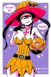  :q black_gloves blush bow breasts contrapposto cowboy_shot cyclops dated dress english gloves halloween hand_up hat hat_bow heart heart-shaped_pupils hitomi_sensei_no_hokenshitsu holding jack-o'-lantern large_breasts licking_lips lipstick long_hair looking_at_viewer makeup manaka_hitomi neck_ribbon one-eyed purple_background red_lipstick red_neckwear red_ribbon ribbon shake-o short_dress solo symbol-shaped_pupils tongue tongue_out twintails twitter_username witch 