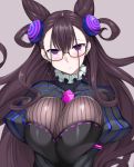  1girl bangs beads beige_background black_dress blush breast_squeeze breasts brown_hair commentary_request curly_hair double_bun dress empty_eyes eyebrows_visible_through_hair fate/grand_order fate_(series) frills frown gem glasses hair_between_eyes hair_ornament highres large_breasts long_hair long_sleeves looking_at_viewer murasaki_shikibu_(fate) nakano_sora puffy_sleeves purple_eyes solo string striped_clothes 