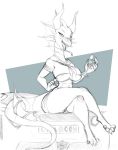  anthro artz breasts clothed clothing digital_media_(artwork) dragon facial_markings female fin horn markings open_mouth savage scalie simple_background sketch skimpy smile solo teeth toes tongue 