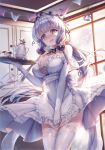  apron azur_lane bangs bare_shoulders blue_eyes blush breasts choker cleavage commentary_request covering covering_crotch cup detached_collar diffraction_spikes dress elbow_gloves eyebrows_visible_through_hair floating_hair frills gloves hair_ornament hair_ribbon holding holding_tray illustrious_(azur_lane) indoors large_breasts long_hair looking_at_viewer maid maid_apron maid_headdress mole mole_under_eye open_mouth ribbon sapphire_(stone) sidelocks smile solo spill teapot thighhighs tray tress_ribbon victorian_maid white_dress white_gloves white_hair xing 
