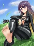  :p arm_on_knee artist_request barefoot biker_clothes bikesuit blonde_hair blush breasts center_opening cleavage commentary_request cross-laced_clothes feet gradient_hair grass ground_vehicle hijiri_byakuren hill long_hair long_sleeves looking_at_viewer medium_breasts motor_vehicle motorcycle multicolored_hair no_bra purple_eyes purple_hair sitting smile soles solo sweatdrop toes tongue tongue_out touhou turbo_byakuren two-tone_hair 