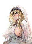  bangs blindfold blonde_hair blush bow_(bhp) breasts bridal_gauntlets cape closed_mouth commentary covered_nipples crossed_arms detached_sleeves dress goblin_slayer! hair_between_eyes jewelry large_breasts long_hair necklace sideboob simple_background solo sword_maiden upper_body very_long_hair white_background white_dress 