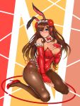  absurdres alternate_costume animal_ears aratako_(crimson015) blue_eyes blush breasts brown_hair bunny_ears bunnysuit commentary_request elbow_gloves fate/grand_order fate_(series) flower gloves hair_between_eyes hair_flower hair_ornament highres large_breasts long_hair looking_at_viewer mata_hari_(fate/grand_order) pantyhose solo 