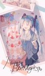  1girl 39 :d ^_^ aqua_flower blue_flower blue_hair blue_nails blue_neckwear blueberry blurry blush box cake candle candlelight closed_eyes confetti corner dated depth_of_field dessert detached_sleeves eyebrows_visible_through_hair fingernails flower food fruit gift gift_box grey_shirt happy happy_birthday hatsune_miku headset heart highres indoors long_hair nail_polish necktie number open_mouth orange orange_flower orange_slice photo_(object) pink_flower purple_flower ribbon shirt skirt sleeveless sleeveless_shirt smile solo standing stool strawberry table twintails upper_body very_long_hair vocaloid 