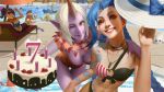  arm_tattoo bangs bikini birthday_cake blonde_hair braid breasts cake character_request cleavage downblouse fantasy food forehead grin group_picture heart_ring highres horn jinx_(league_of_legends) large_breasts lavender_skin league_of_legends lejia_chan light_blue_hair lips looking_at_viewer medium_breasts multiple_girls nose one-piece_swimsuit one_eye_closed parted_bangs pink_eyes pool poolside realistic small_breasts smile soraka swimsuit tattoo thigh_gap toon twin_braids wallpaper widow's_peak yellow_eyes 