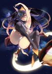  armpits arms_up ass black_legwear blazblue breasts commentary_request hair_between_eyes headpiece highres long_hair looking_at_viewer mikado_(blazblue) purple_hair red_eyes small_breasts solo thighhighs venomrobo 