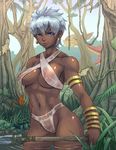  alternate_hairstyle armlet bikini blue_eyes bracelet breasts capcom company_connection criss-cross_halter crossover dark_skin earrings elena_(street_fighter) halter_top halterneck jewelry jungle large_breasts monster_hunter nature nipples polearm see-through short_hair silver_hair solo spear street_fighter street_fighter_iii_(series) swimsuit toned torashiro_eiji tribal water weapon wet wet_clothes yian_kut-ku 