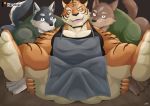  2018 apron canine clothe clothed clothing feline gou_(character) group group_sex himitsuri_no_lagoon huge_muscles kuugo_(character) male mammal muscular muscular_male naked_apron naruever open_mouth pantherine patreon sex sitting smile threesome tiger wolf yuujirou_(character) 
