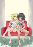  andou_(girls_und_panzer) bangs barefoot black_bra black_hair black_panties blonde_hair blue_eyes bra breasts brown_eyes cleavage commentary_request couch crossed_legs cup dark_skin eyebrows_visible_through_hair girls_und_panzer half-closed_eyes head_tilt holding holding_cup indoors ken-sya legs locked_arms looking_at_another medium_breasts medium_hair messy_hair mug multiple_girls navel no_pants on_couch open_mouth oshida_(girls_und_panzer) panties petals rating shadow shirt short_sleeves sitting smile sports_bra t-shirt toned underwear underwear_only white_shirt yuri 