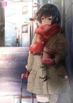  bad_id bad_pixiv_id bare_tree black_hair blurry breath brown_coat brown_eyes city coat cold covered_mouth depth_of_field gloves holding holding_pot lamppost looking_to_the_side original plant potted_plant power_lines red_gloves red_scarf road rolling_suitcase scarf short_hair snowing solo street tai_(user_wvjf5284) traffic_light tree winter winter_clothes winter_coat 