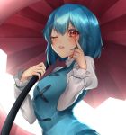  akanbe bangs blue_hair blue_skirt blue_vest blush breasts closed_mouth eyebrows_visible_through_hair fingernails hair_between_eyes highres holding holding_umbrella long_sleeves long_tongue red_eyes red_umbrella shirt skirt small_breasts solo tatara_kogasa tongue tongue_out touhou umbrella upper_body vest white_shirt yayoimaka03 