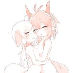  2girls ahoge animal_ears arms_around_waist asymmetrical_docking blush breast_press breasts collar dog_ears dog_tail done_(donezumi) female horns multiple_girls nude original pointy_ears small_breasts tail titi-chan_(nezumi_inu) 