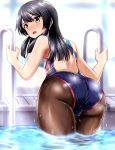 alternate_costume ass black_hair black_legwear blush commentary_request competition_swimsuit eyebrows_visible_through_hair hair_between_eyes hair_ornament hairclip highres kantai_collection long_hair one-piece_swimsuit open_mouth oyashio_(kantai_collection) pantyhose pantyhose_under_swimsuit pool pool_ladder solo swimsuit water water_drop yellow_eyes zanntetu 