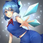  bangs blue_bow blue_eyes blue_hair blue_skirt blue_vest blush bow breasts cirno collared_shirt eyebrows_visible_through_hair grin hair_between_eyes hair_bow highres ice ice_wings leaning_forward midriff_peek neck_ribbon outstretched_arm red_ribbon ribbon shirt skirt small_breasts smile solo touhou v-shaped_eyebrows vest wings yayoimaka03 
